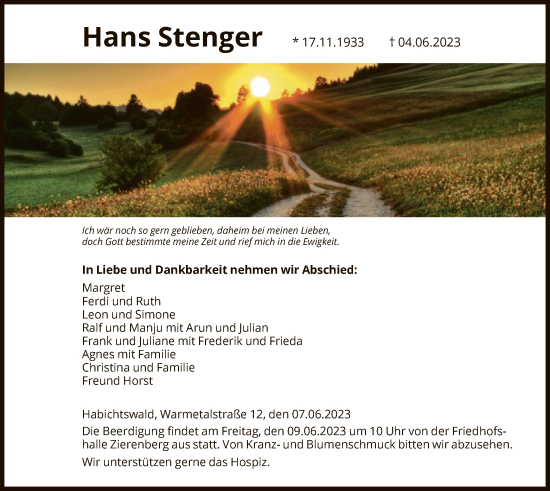 Traueranzeige von Hans Stenger von HNA