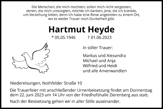 Traueranzeige von Hartmut Heyde von HNA