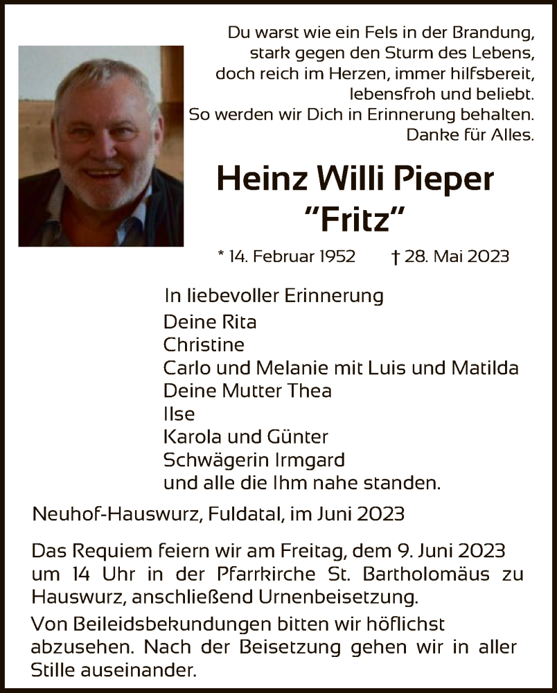  Traueranzeige für Heinz Willi Pieper vom 06.06.2023 aus HNA