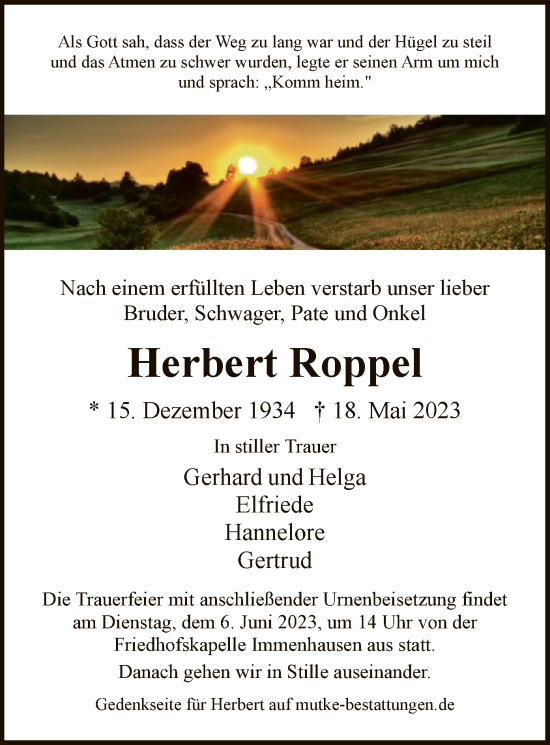 Traueranzeige von Herbert Roppel von HNA