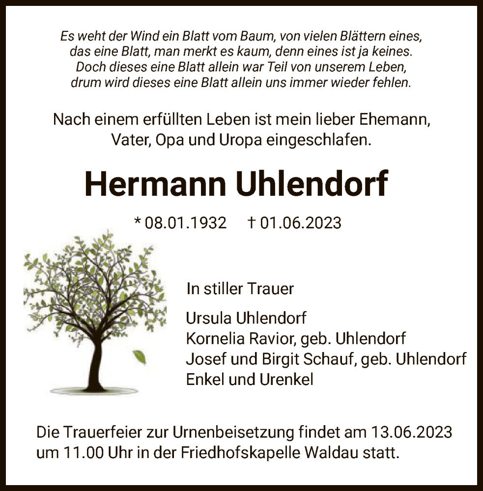  Traueranzeige für Hermann Uhlendorf vom 09.06.2023 aus HNA