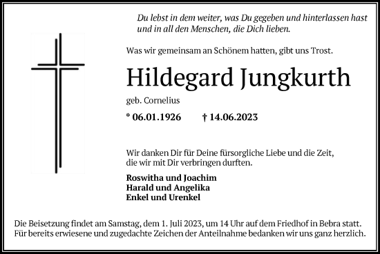 Traueranzeige von Hildegard Jungkurth von HNA