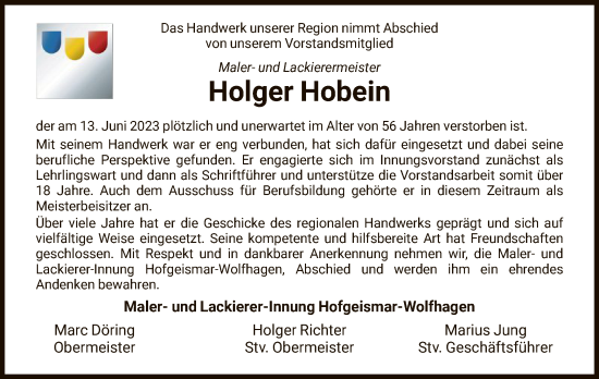 Traueranzeige von Holger Hobein von HNA