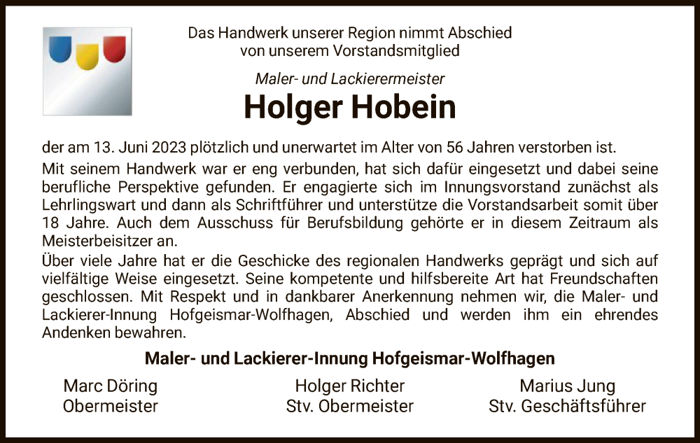  Traueranzeige für Holger Hobein vom 17.06.2023 aus HNA