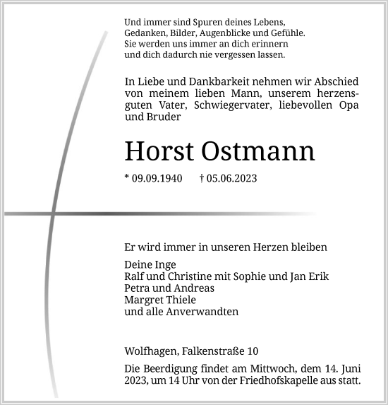 Traueranzeige von Horst Ostmann von HNA