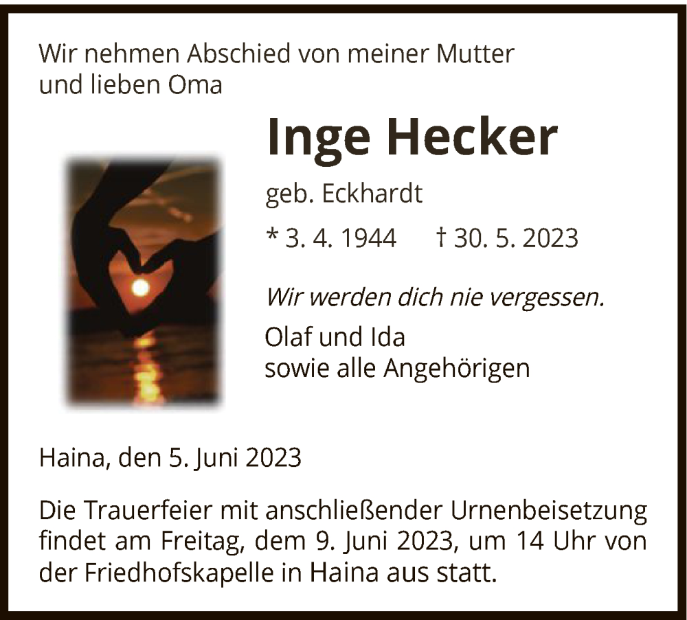  Traueranzeige für Inge Hecker vom 05.06.2023 aus HNA