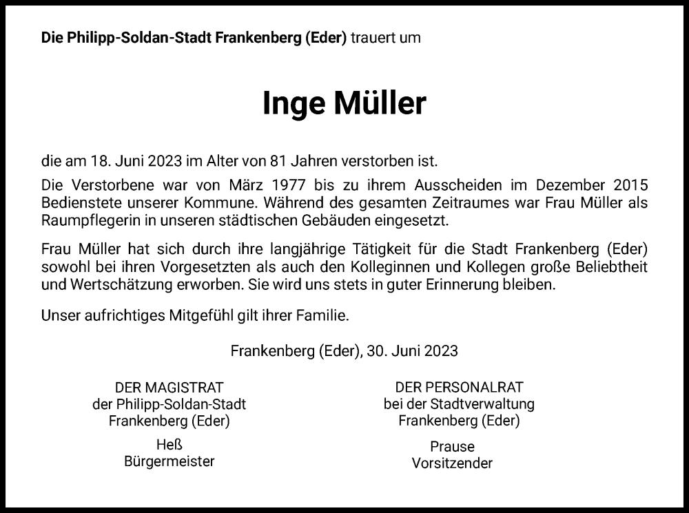  Traueranzeige für Inge Müller vom 30.06.2023 aus HNA