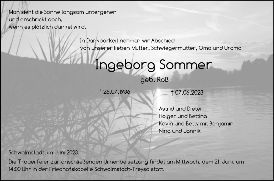 Traueranzeige von Ingeborg Sommer von HNA