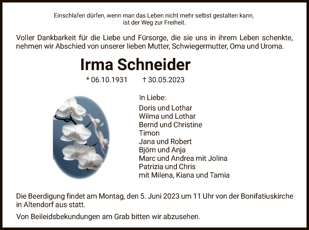  Traueranzeige für Irma Schneider vom 03.06.2023 aus HNA