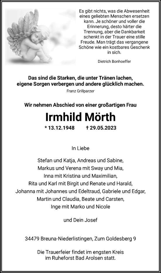 Traueranzeige von Irmhild Mörth von HNA