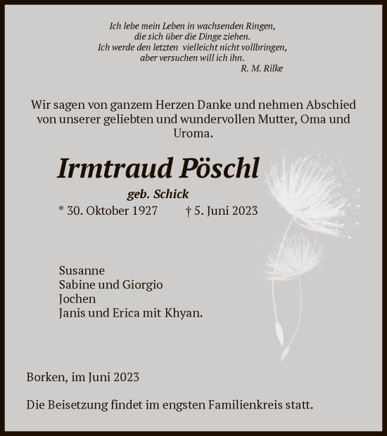 Traueranzeige von Irmtraud Pöschl von HNA