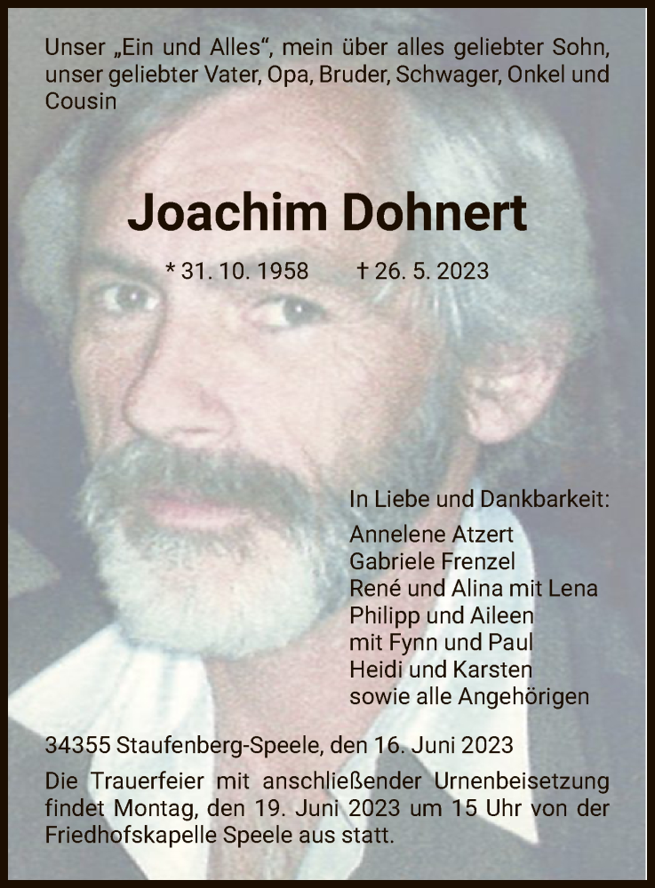  Traueranzeige für Joachim Dohnert vom 16.06.2023 aus HNA