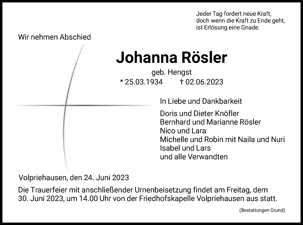 Traueranzeigen von Johanna Rösler | Trauer.HNA.de