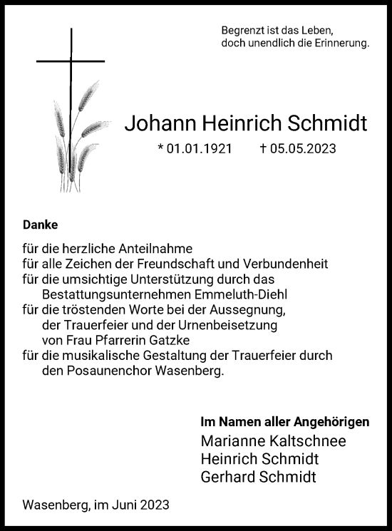 Traueranzeige von Johann Heinrich Schmidt von HNA