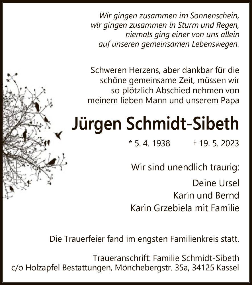  Traueranzeige für Jürgen Schmidt-Sibeth vom 09.06.2023 aus HNA