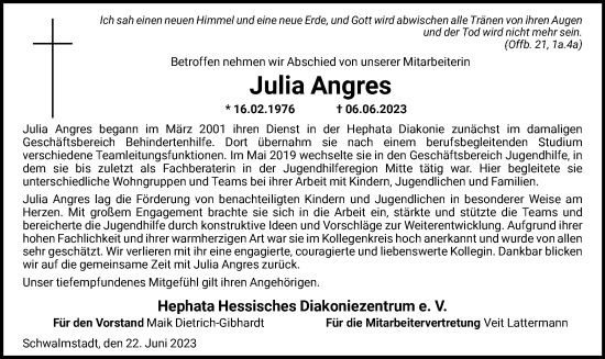 Traueranzeige von Julia Angres von HNA