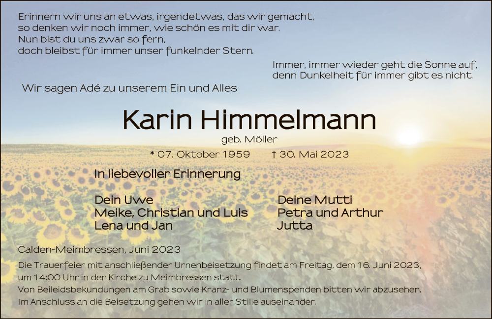 Traueranzeige für Karin Himmelmann vom 09.06.2023 aus HNA