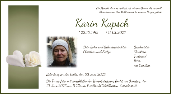 Traueranzeige von Karin Kupsch von HNA