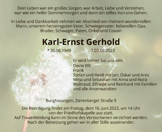 Traueranzeige von Karl-Ernst Gerhold von HNA