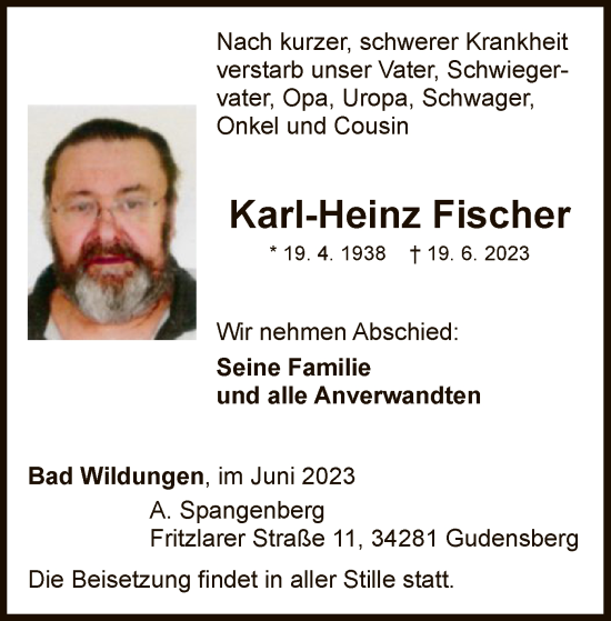 Traueranzeige von Karl-Heinz Fischer von WLZ