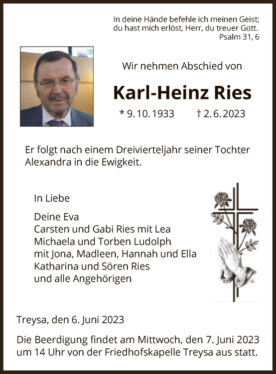 Traueranzeige von Karl-Heinz Ries von HNA