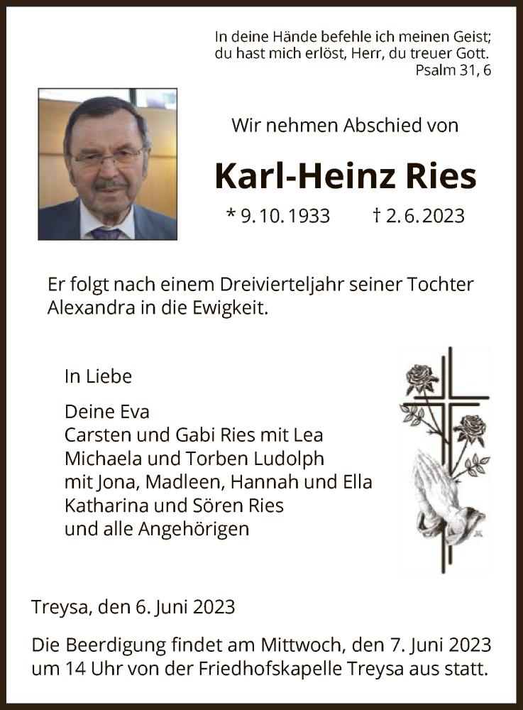  Traueranzeige für Karl-Heinz Ries vom 06.06.2023 aus HNA