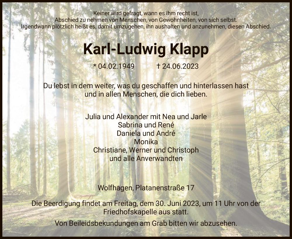  Traueranzeige für Karl-Ludwig Klapp vom 27.06.2023 aus HNA