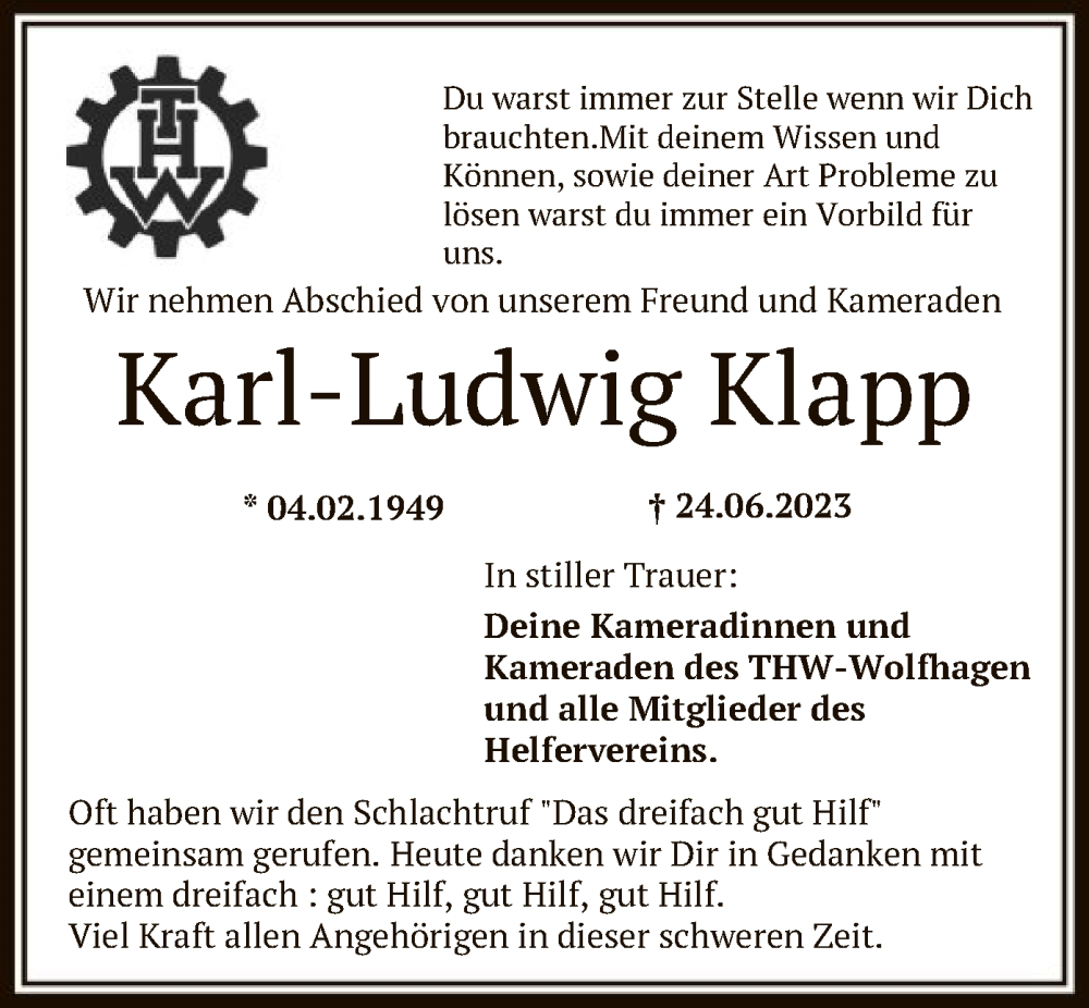  Traueranzeige für Karl-Ludwig Klapp vom 30.06.2023 aus HNA