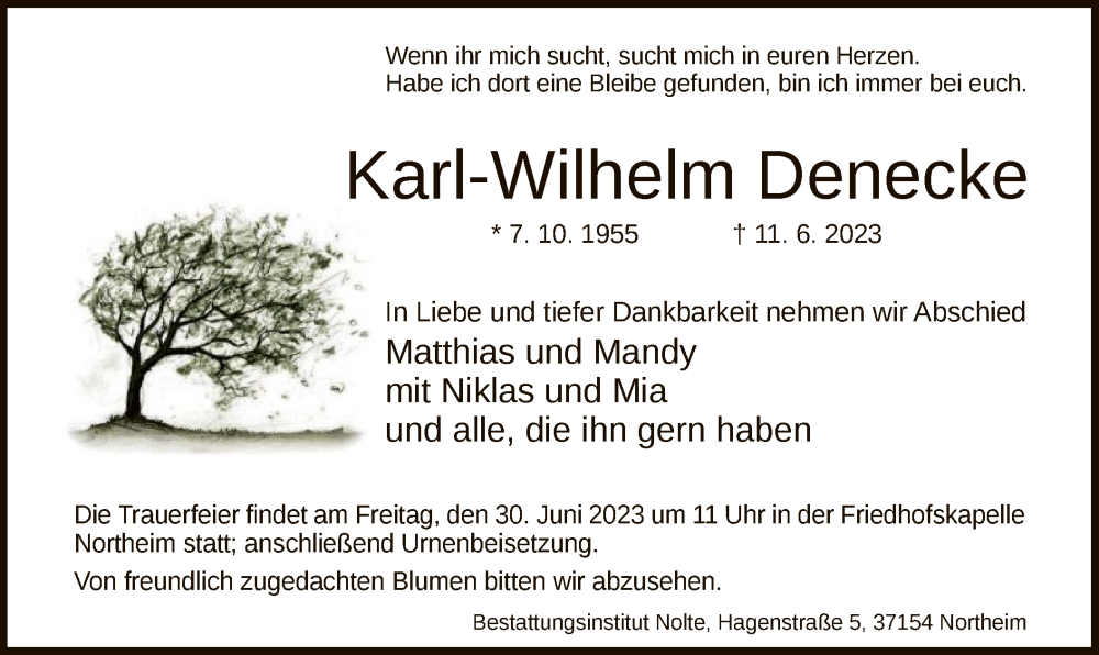  Traueranzeige für Karl-Wilhelm Denecke vom 24.06.2023 aus HNA