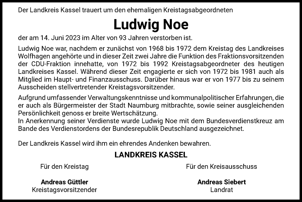  Traueranzeige für Ludwig Noe vom 20.06.2023 aus HNA