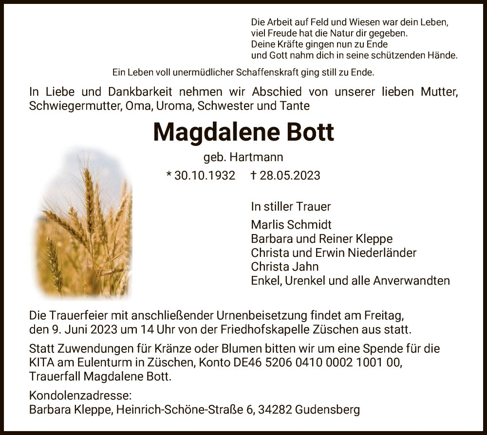  Traueranzeige für Magdalene Bott vom 06.06.2023 aus HNA