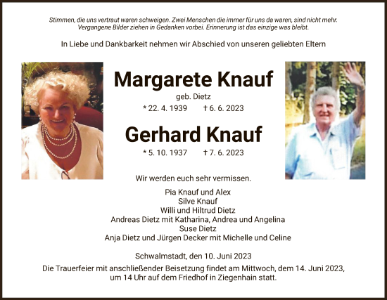 Traueranzeige von Margarete und Gerhard Knauf von HNA