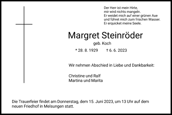 Traueranzeige von Margret Steinröder von HNA