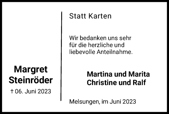 Traueranzeige von Margret Steinröder von HNA