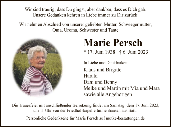 Traueranzeige von Marie Persch von HNA