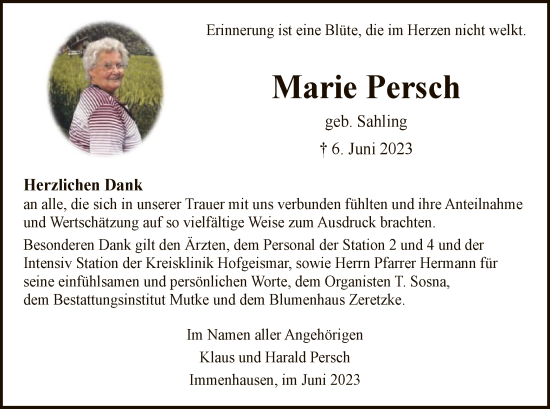 Traueranzeige von Marie Persch von HNA