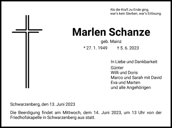 Traueranzeige von Marlen Schanze von HNA