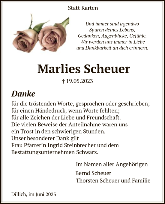 Traueranzeige von Marlies Scheuer von HNA