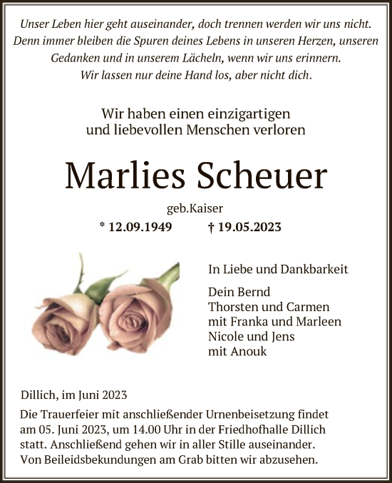 Traueranzeige von Marlies Scheuer von HNA