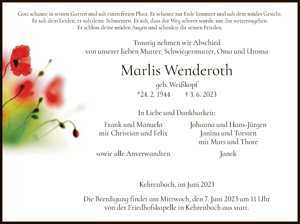  Traueranzeige für Marlis Wenderoth vom 06.06.2023 aus HNA