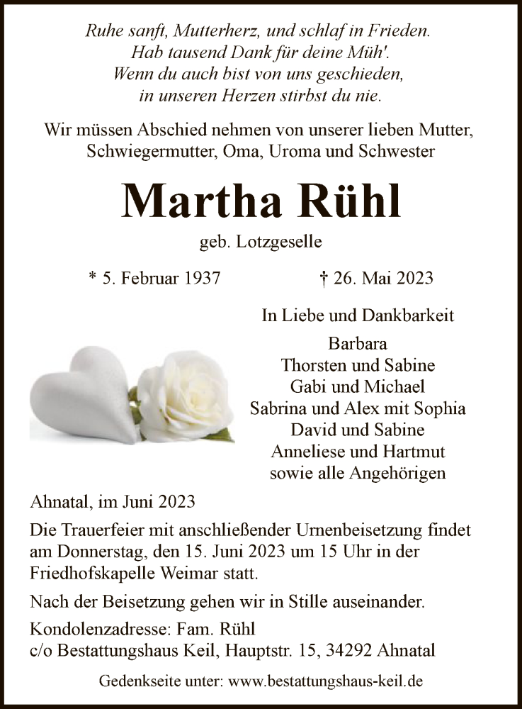  Traueranzeige für Martha Rühl vom 09.06.2023 aus HNA