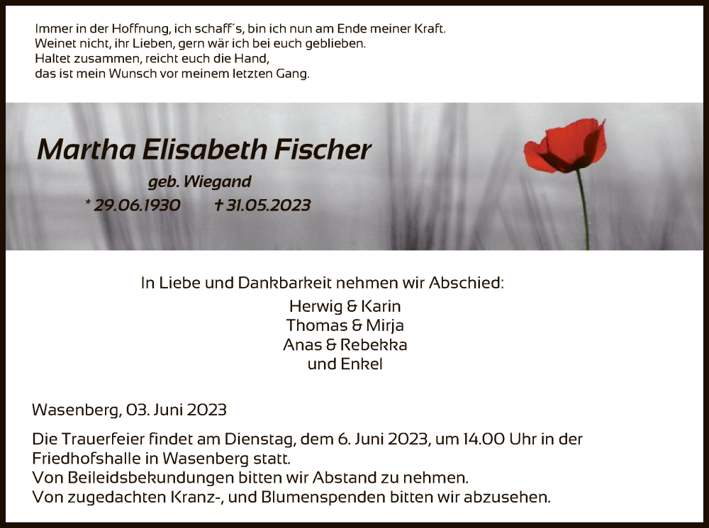  Traueranzeige für Martha Elisabeth Fischer vom 03.06.2023 aus HNA