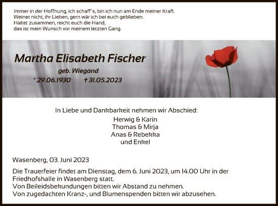 Traueranzeige von Martha Elisabeth Fischer von HNA