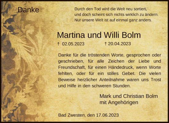 Traueranzeige von Martina ud Willi Bolm von HNA