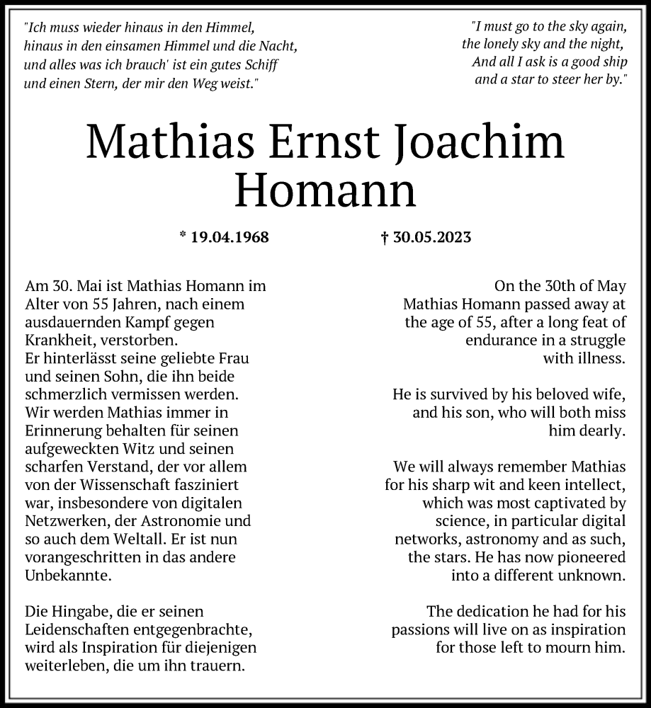  Traueranzeige für Mathias Ernst Joachim Homann vom 07.06.2023 aus HNA