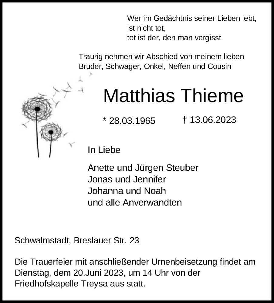  Traueranzeige für Matthias Thieme vom 17.06.2023 aus HNA