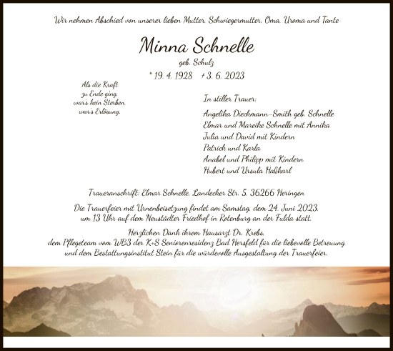 Traueranzeige von Minna Schnelle von HNA