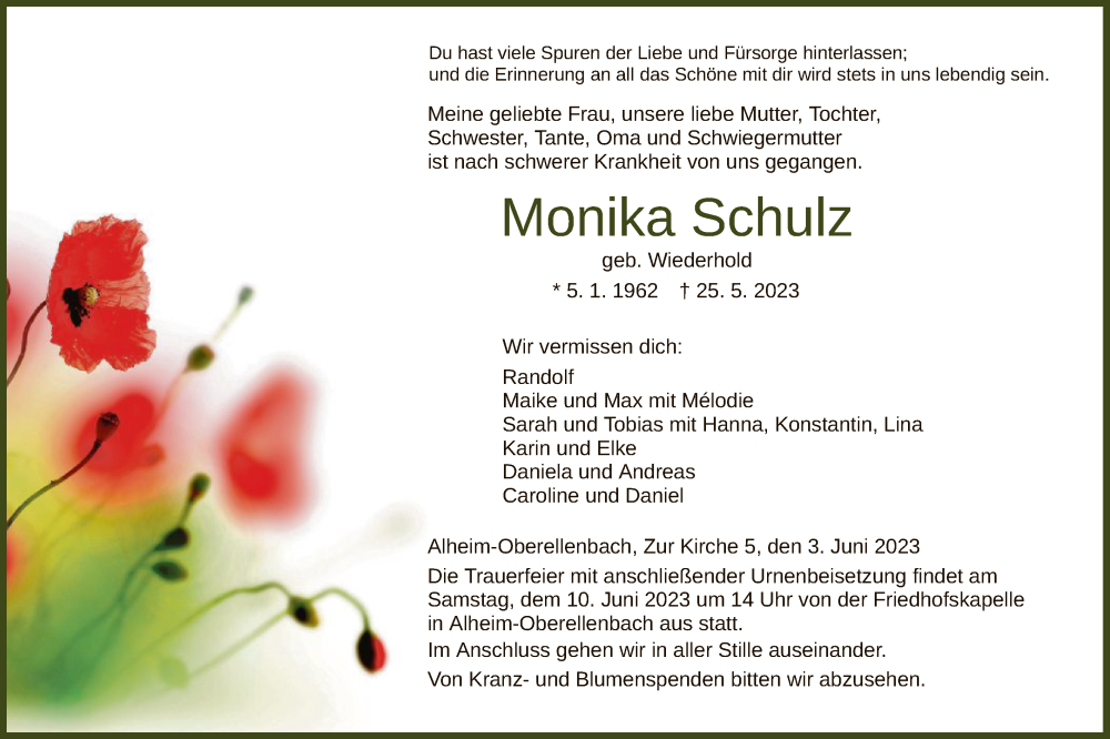  Traueranzeige für Monika Schulz vom 03.06.2023 aus HNA