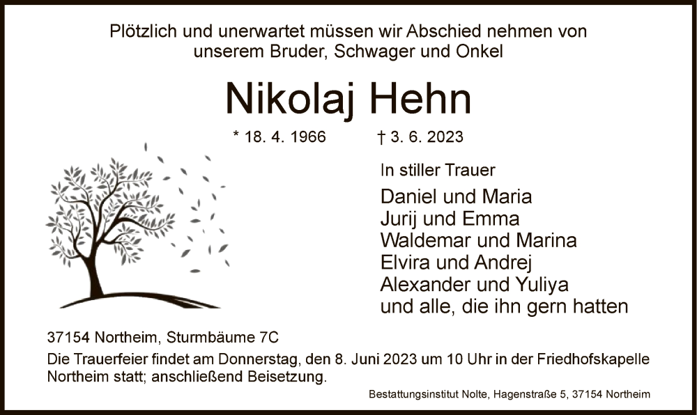  Traueranzeige für Nikolaj Hehn vom 07.06.2023 aus HNA
