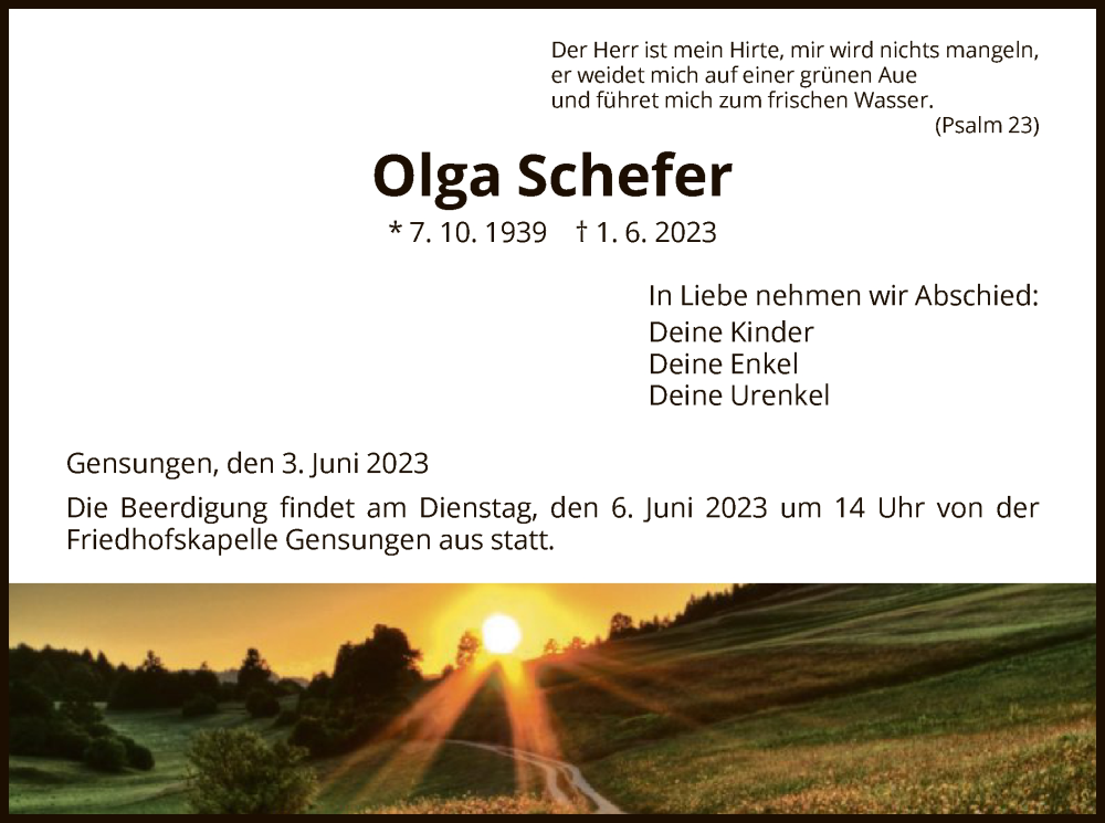  Traueranzeige für Olga Schefer vom 03.06.2023 aus HNA